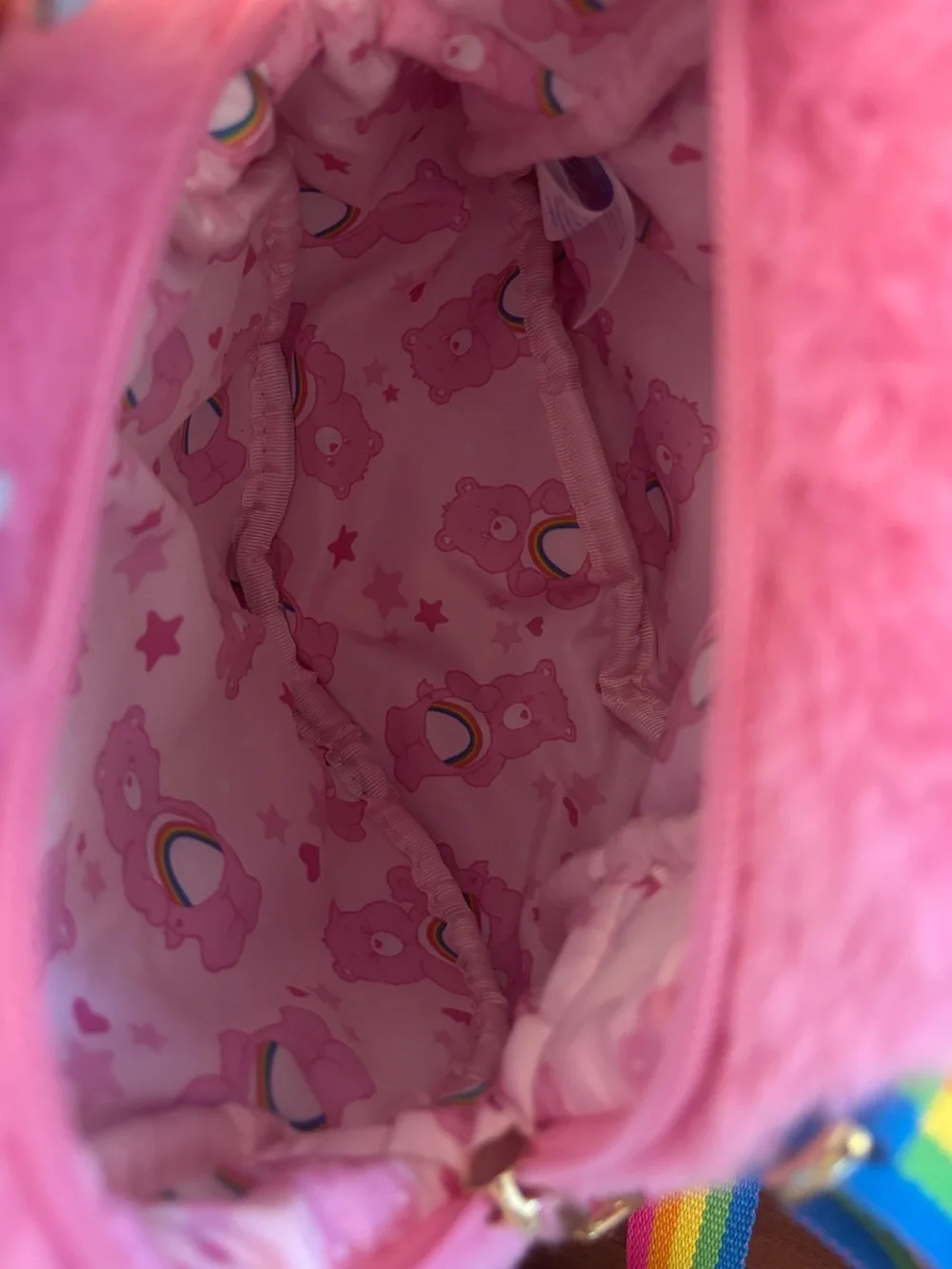 Care Bears Cheer Bear Pink Plush Crossbody Bag Rainbow Strap NWOT